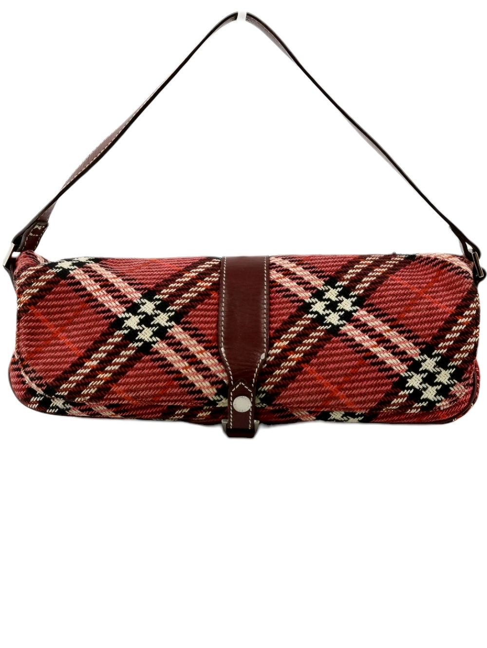 Burberry Rare East West Shoulder Bag Red Check Canvas Leather